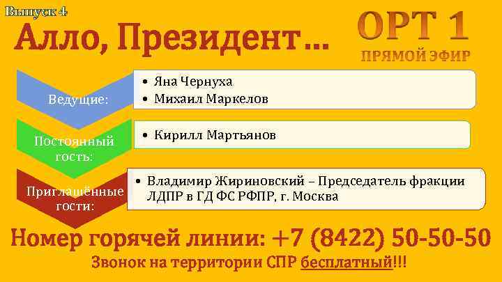 Выпуск 4 Алло, Президент… Ведущие: Постоянный гость: • Яна Чернуха • Михаил Маркелов •