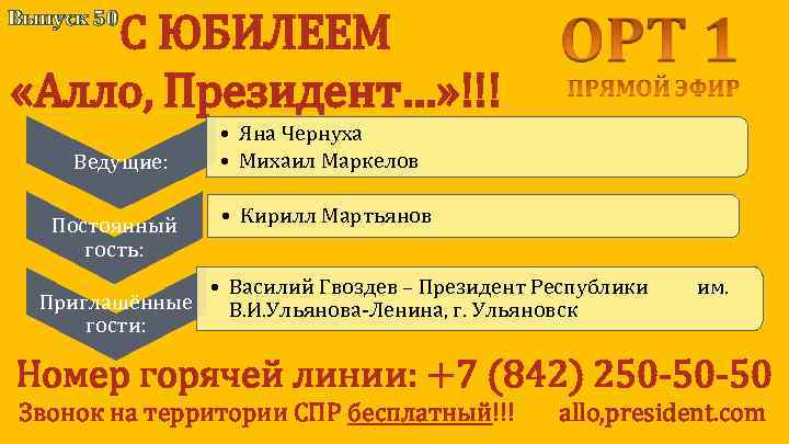 Выпуск 50 С ЮБИЛЕЕМ «Алло, Президент…» !!! Ведущие: Постоянный гость: • Яна Чернуха •