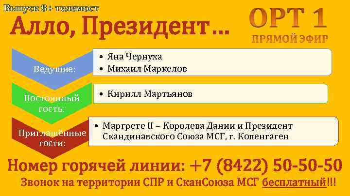 Выпуск 8 + телемост Алло, Президент… Ведущие: Постоянный гость: • Яна Чернуха • Михаил