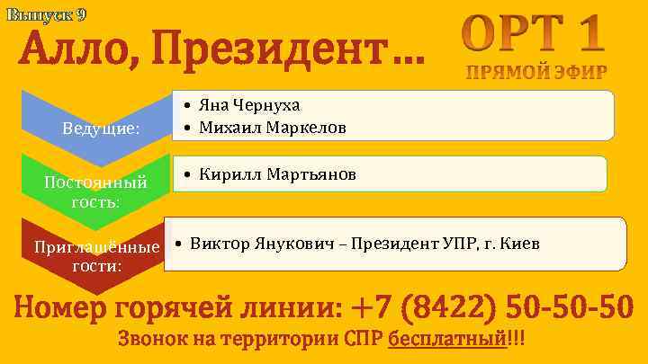 Выпуск 9 Алло, Президент… Ведущие: Постоянный гость: • Яна Чернуха • Михаил Маркелов •