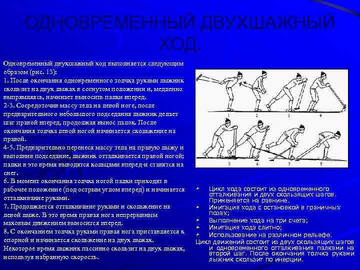 ОДНОВРЕМЕННЫЙ ДВУХШАЖНЫЙ ХОД. Одновременный двухшажный ход выполняется следующим образом (рис. 13): 1. После окончания