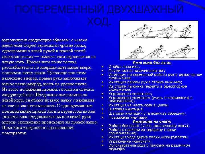 ПОПЕРЕМЕННЫЙ ДВУХШАЖНЫЙ ХОД. выполняется следующим образом: с шагом левой ноги вперед выносится правая палка,