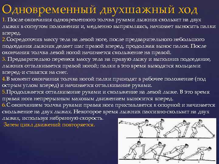 Одновременный двухшажный ход 1. После окончания одновременного толчка руками лыжник скользит на двух лыжах