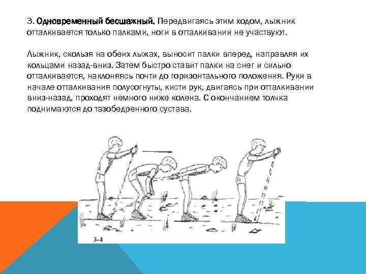 3. Одновременный бесшажный. Передвигаясь этим ходом, лыжник отталкивается только палками, ноги в отталкивании не