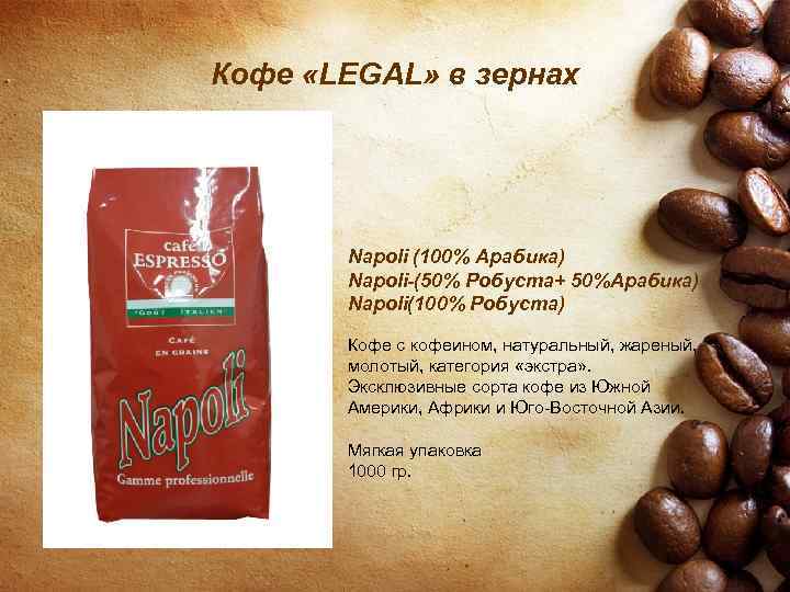 Кофе «LEGAL» в зернах Napoli (100% Арабика) Napoli-(50% Робуста+ 50%Арабика) Napoli(100% Робуста) Кофе с