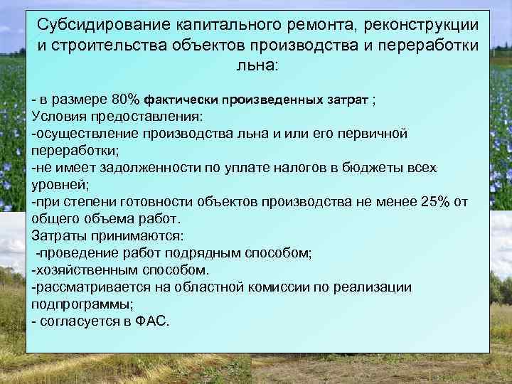 Субсидирование капитального ремонта, реконструкции и строительства объектов производства и переработки льна: - в размере