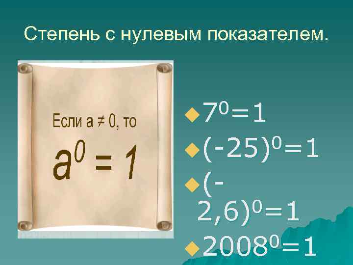 Степень с нулевым показателем. 0=1 u 7 0=1 u(-25) u(- 0=1 2, 6) 0=1