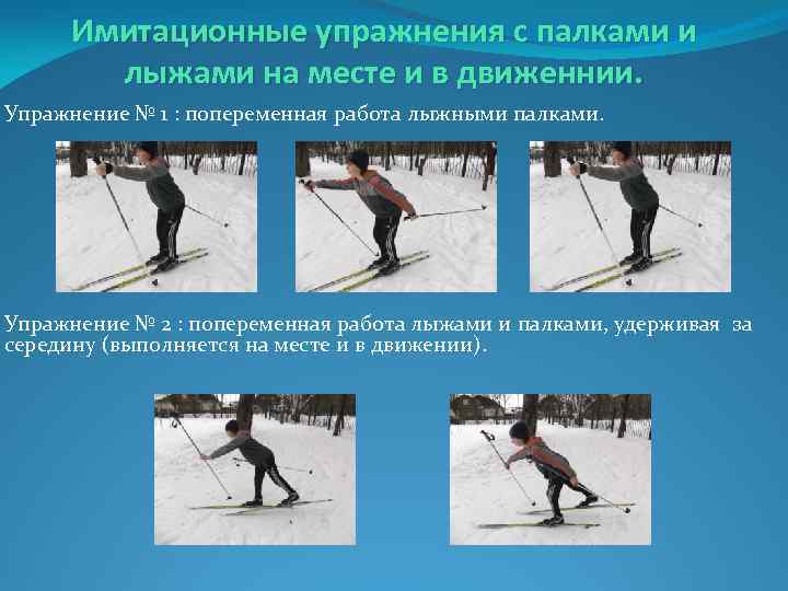 Имитационные упражнения с палками и лыжами на месте и в движеннии. Упражнение № 1