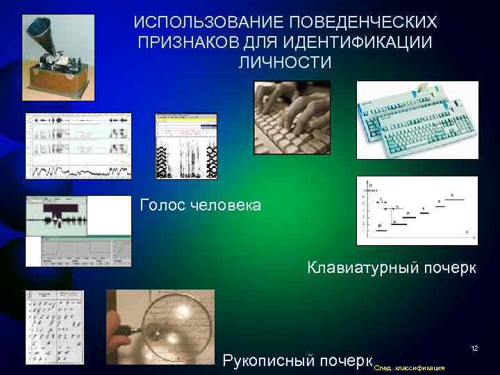ИСПОЛЬЗОВАНИЕ ПОВЕДЕНЧЕСКИХ ПРИЗНАКОВ ДЛЯ ИДЕНТИФИКАЦИИ ЛИЧНОСТИ Голос человека Клавиатурный почерк Рукописный почерк След. классификация