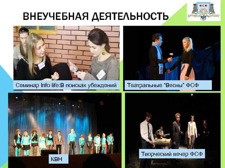 ВНЕУЧЕБНАЯ ДЕЯТЕЛЬНОСТЬ Семинар Info life: В поисках убеждений КВН Театральные “Весны” ФСФ Творческий вечер