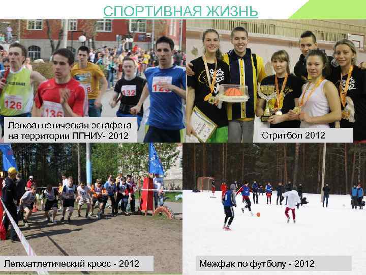 СПОРТИВНАЯ ЖИЗНЬ Легкоатлетическая эстафета на территории ПГНИУ- 2012 Легкоатлетический кросс - 2012 Стритбол 2012