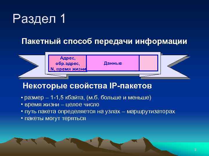 Раздел 1 Пакетный способ передачи информации Адрес, обр. адрес, N, время жизни Данные Некоторые
