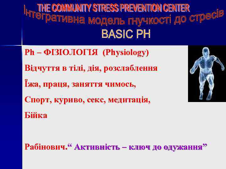 Ph – ФІЗІОЛОГІЯ (Physiology) Відчуття в тілі, дія, розслаблення Їжа, праця, заняття чимось, Спорт,