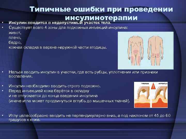 Типичные ошибки проведении инсулинотерапии • Инсулин вводится в недопустимый участок тела. • Существует всего