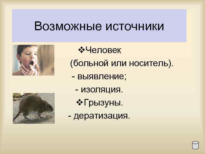 Возможные источники v. Человек (больной или носитель). выявление; изоляция. v. Грызуны. дератизация. 