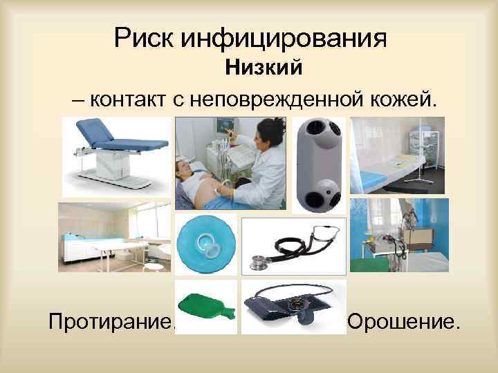 Риск инфицирования Низкий – контакт с неповрежденной кожей. Протирание. Орошение. 