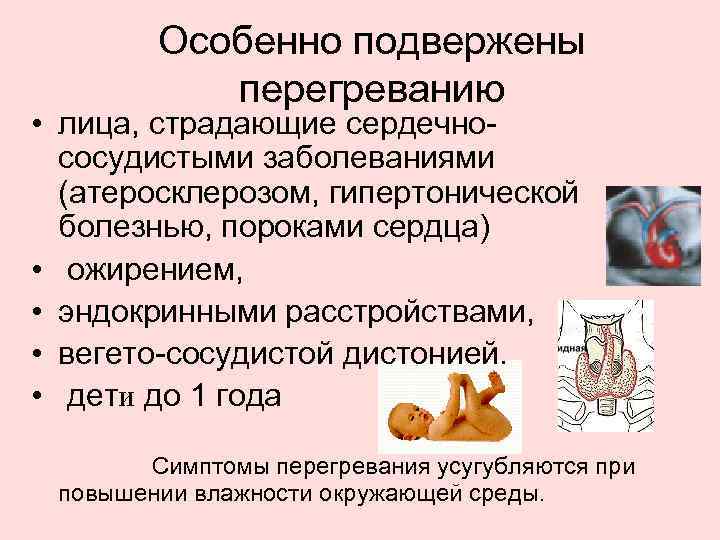 Особенно подвержены перегреванию • лица, страдающие сердечнососудистыми заболеваниями (атеросклерозом, гипертонической болезнью, пороками сердца) •