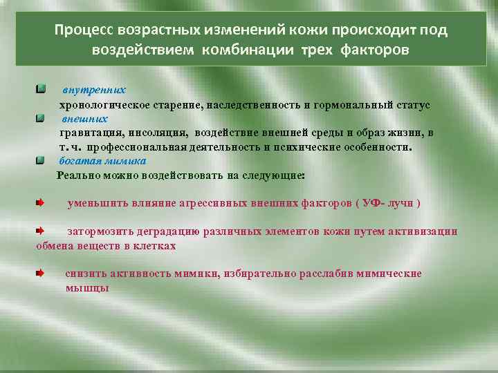 Процесс возрастных изменений кожи происходит под воздействием комбинации трех факторов внутренних хронологическое старение, наследственность