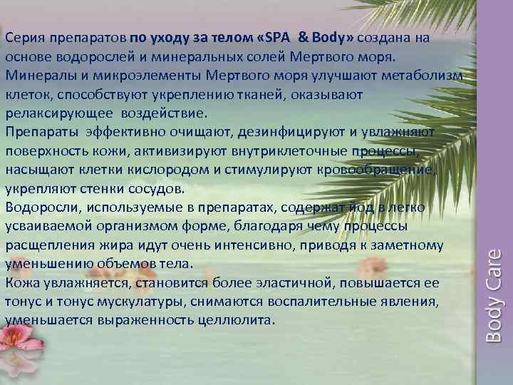 Серия препаратов по уходу за телом «SPA & Body» создана на основе водорослей и
