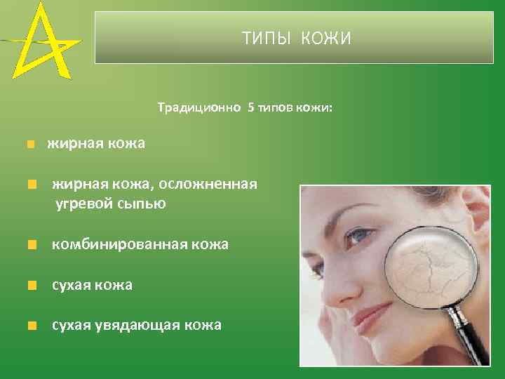 ТИПЫ КОЖИ Традиционно 5 типов кожи: жирная кожа, осложненная угревой сыпью комбинированная кожа сухая