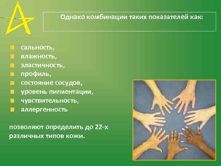  Однако комбинации таких показателей как: сальность, влажность, эластичность, профиль, состояние сосудов, уровень пигментации,