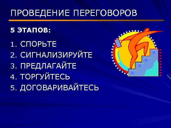 ПРОВЕДЕНИЕ ПЕРЕГОВОРОВ 5 ЭТАПОВ: 1. СПОРЬТЕ 2. СИГНАЛИЗИРУЙТЕ 3. ПРЕДЛАГАЙТЕ 4. ТОРГУЙТЕСЬ 5. ДОГОВАРИВАЙТЕСЬ