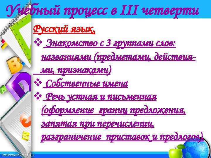 Учебный процесс в III четверти Русский язык. v Знакомство с 3 группами слов: названиями