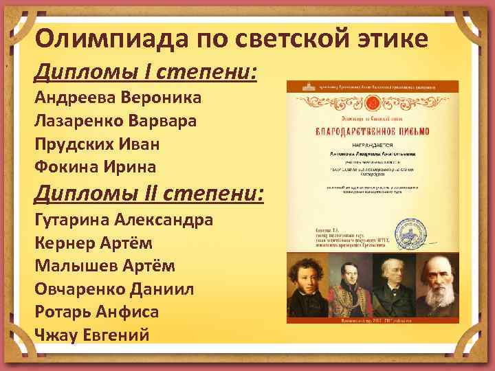 Олимпиада по светской этике Дипломы I степени: Андреева Вероника Лазаренко Варвара Прудских Иван Фокина