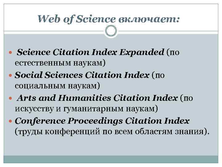 Web of Science включает: Science Citation Index Expanded (по естественным наукам) Social Sciences Citation