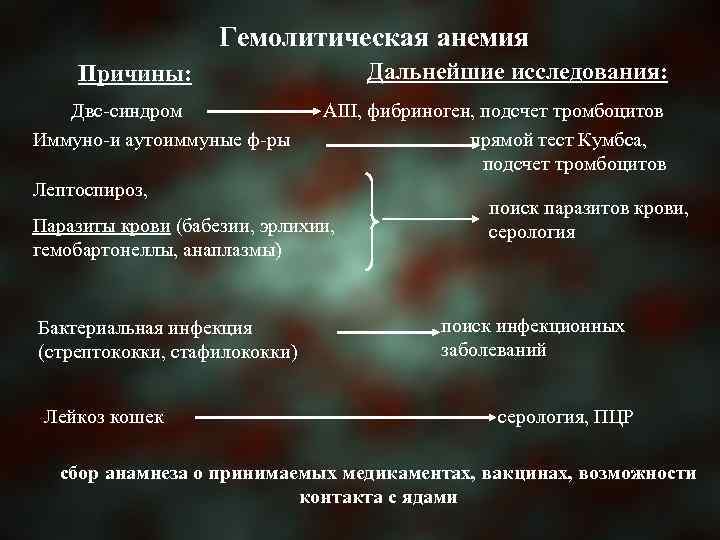 Гемолитическая анемия Дальнейшие исследования: Причины: Двс-синдром Иммуно-и аутоиммуные ф-ры АIII, фибриноген, подсчет тромбоцитов прямой