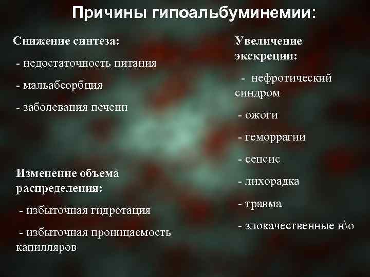 Причины гипоальбуминемии: Снижение синтеза: - недостаточность питания - мальабсорбция - заболевания печени Увеличение экскреции: