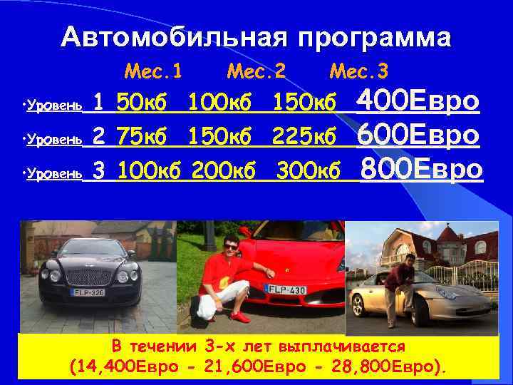 Автомобильная программа Мес. 1 • Уровень Мес. 2 Мес. 3 1 50 кб 100