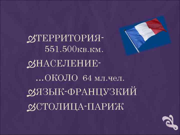  ТЕРРИТОРИЯ 551. 500 кв. км. НАСЕЛЕНИЕ… ОКОЛО 64 мл. чел. ЯЗЫК-ФРАНЦУЗКИЙ СТОЛИЦА-ПАРИЖ 