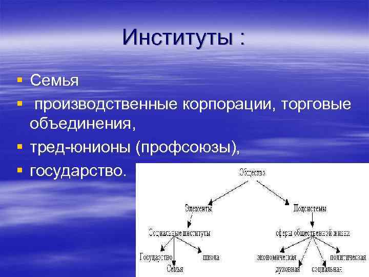 Институты : § Семья § производственные корпорации, торговые объединения, § тред-юнионы (профсоюзы), § государство.