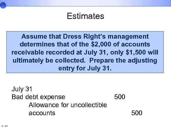 Estimates Assume that Dress Right’s management determines that of the $2, 000 of accounts