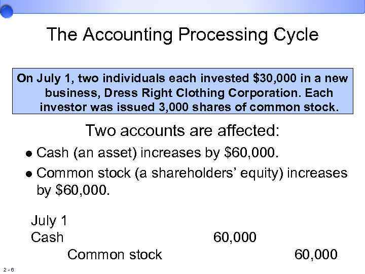 The Accounting Processing Cycle On July 1, two individuals each invested $30, 000 in