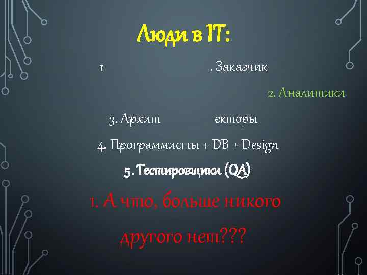 Люди в IT: 1 . Заказчик 2. Аналитики 3. Архит екторы 4. Программисты +