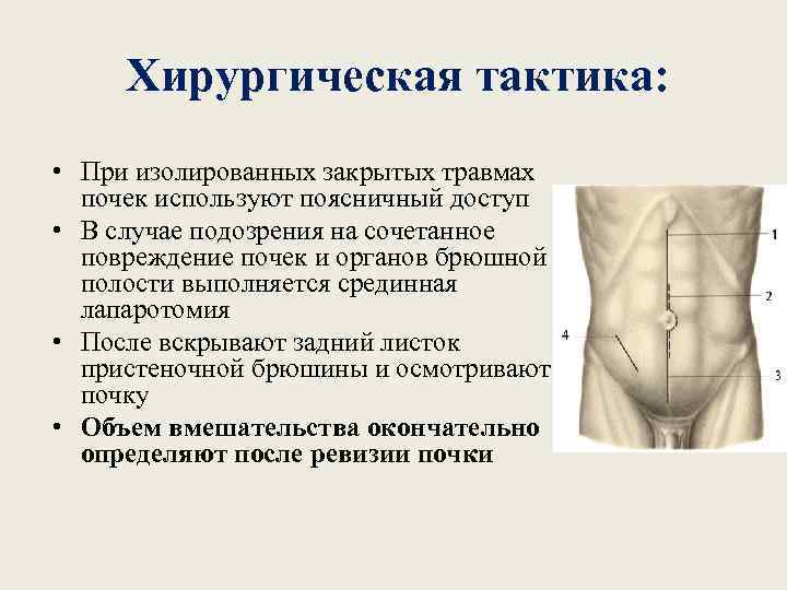 Хирургическая тактика: • При изолированных закрытых травмах почек используют поясничный доступ • В случае