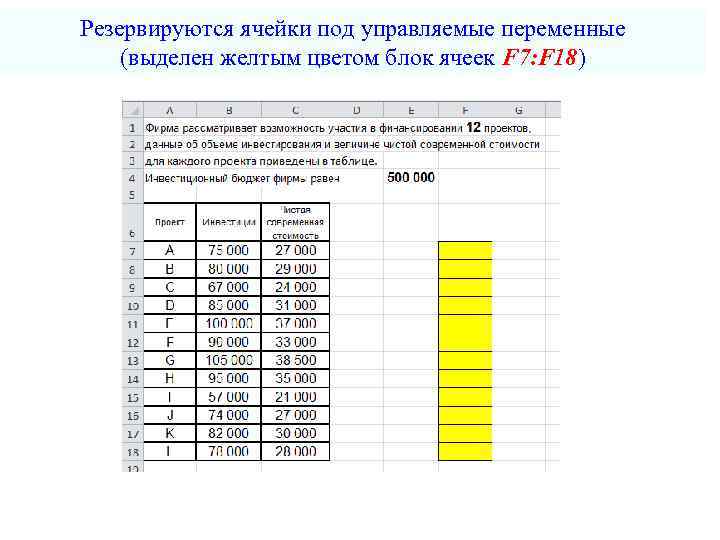 Резервируются ячейки под управляемые переменные (выделен желтым цветом блок ячеек F 7: F 18)