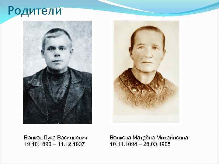 Родители Волков Лука Васильевич 19. 10. 1890 – 11. 12. 1937 Волкова Матрёна Михайловна