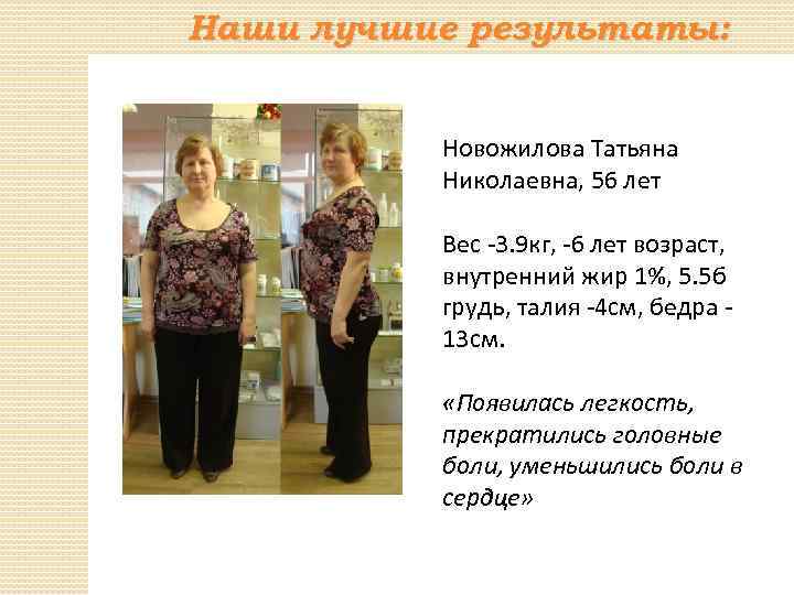 Наши лучшие результаты: Новожилова Татьяна Николаевна, 56 лет Вес -3. 9 кг, -6 лет