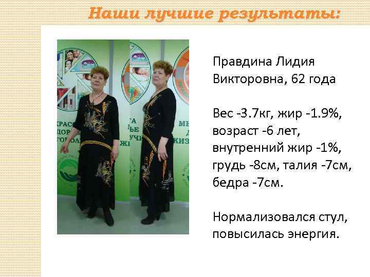 Наши лучшие результаты: Правдина Лидия Викторовна, 62 года Вес -3. 7 кг, жир -1.