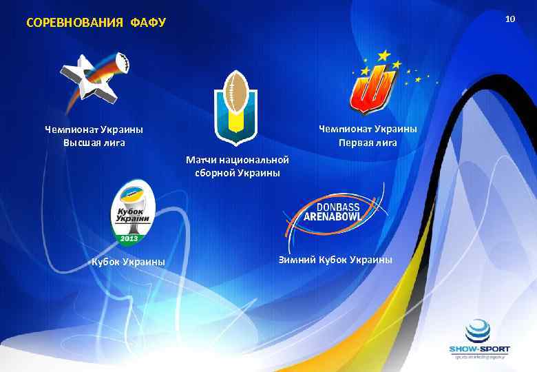 10 СОРЕВНОВАНИЯ ФАФУ Чемпионат Украины Первая лига Чемпионат Украины Высшая лига Матчи национальной сборной