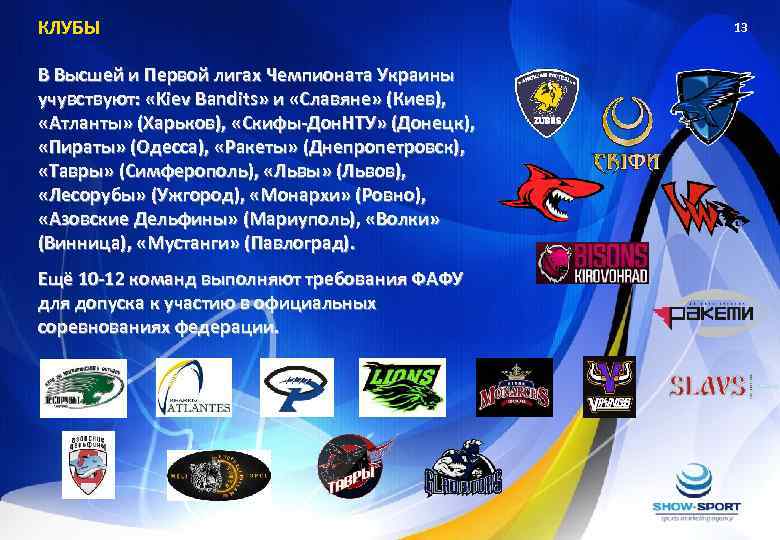 КЛУБЫ В Высшей и Первой лигах Чемпионата Украины учувствуют: «Kiev Bandits» и «Славяне» (Киев),