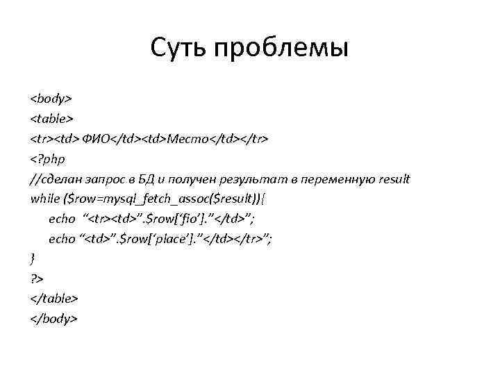 Суть проблемы <body> <table> <tr><td> ФИО</td><td>Место</td></tr> <? php //сделан запрос в БД и получен