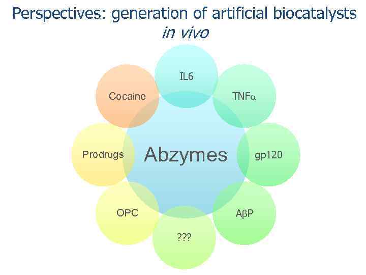 Perspectives: generation of artificial biocatalysts in vivo IL 6 TNFa Cocaine Prodrugs Abzymes gp