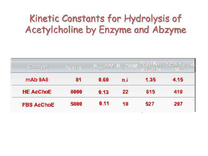 Kinetic Constants for Hydrolysis of Acetylcholine by Enzyme and Abzyme Catalyst kcat, s-1 K