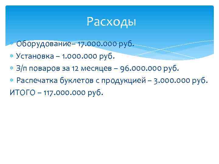 Расходы Оборудование– 17. 000 руб. Установка – 1. 000 руб. З/п поваров за 12