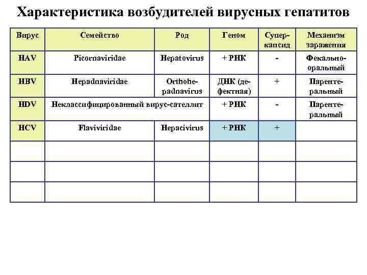 Характеристика возбудителей вирусных гепатитов Вирус Семейство Род Геном Суперкапсид Механизм заражения HAV Picornaviridae Hepatovirus