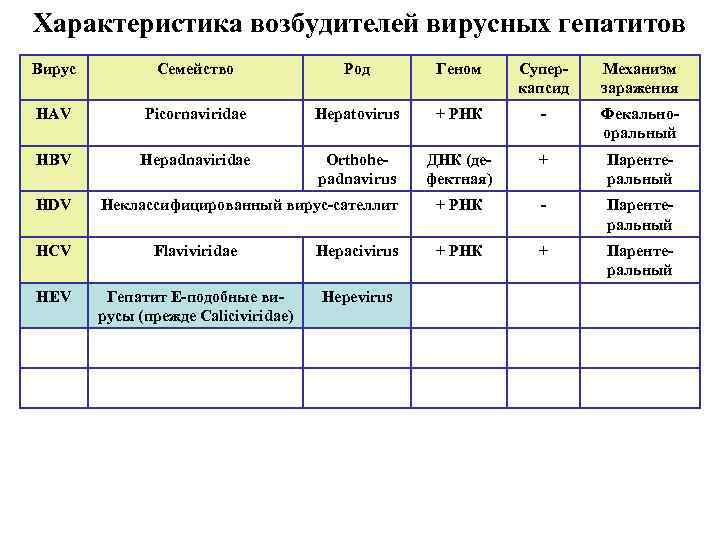 Характеристика возбудителей вирусных гепатитов Вирус Семейство Род Геном Суперкапсид Механизм заражения HAV Picornaviridae Hepatovirus
